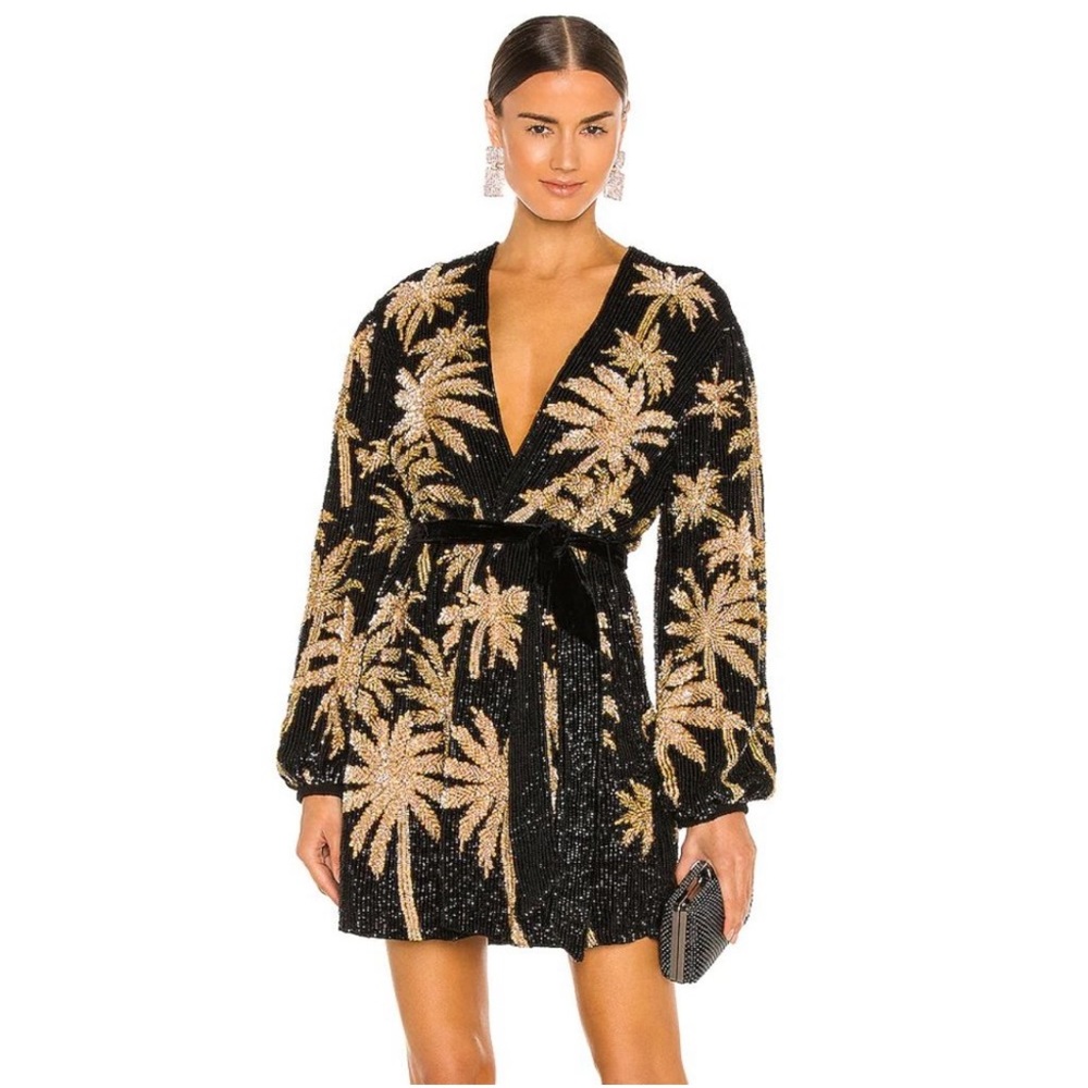 Retrofete Gabrielle Robe Dress in Black and Gold Palm Size Small